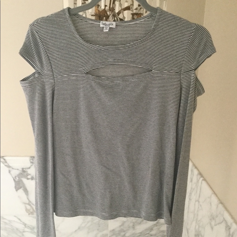 Splendid Long Sleeve Striped Tee Split Shoulder
